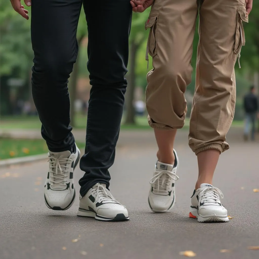 Pareja con zapatillas a juego en un parque