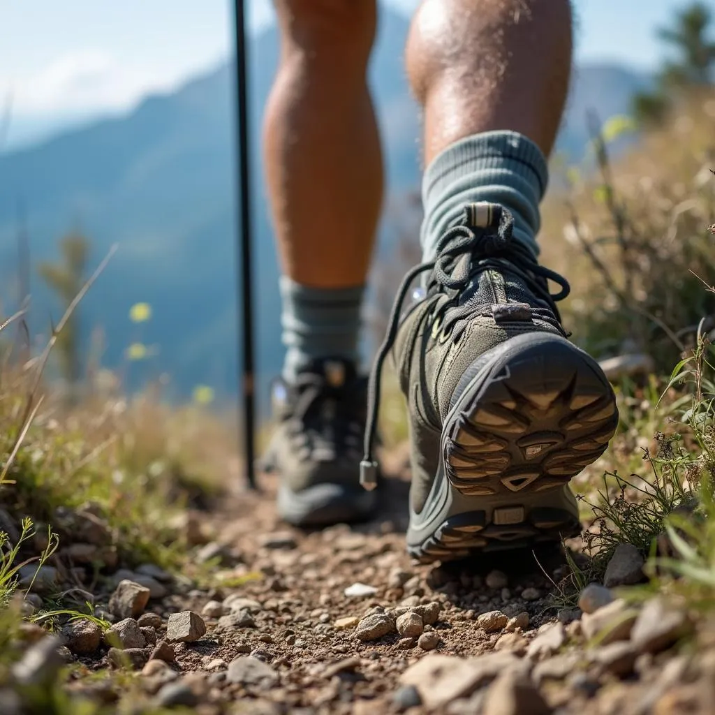 Senderista con zapatillas de aventura en la montaña